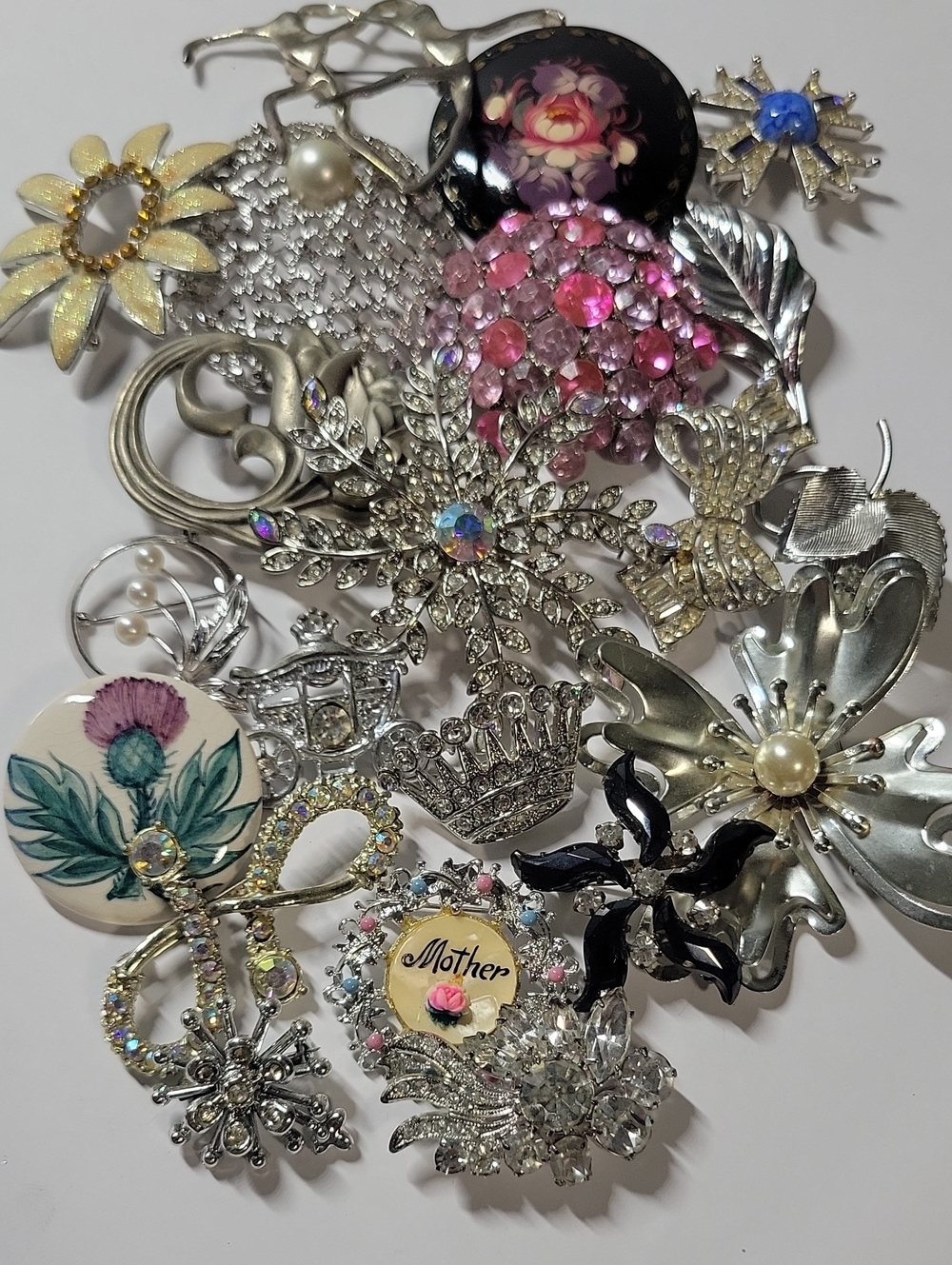 Mixed Silver Tone and Pink Floral 20 Brooch  Collection - Mother Accent Pin
